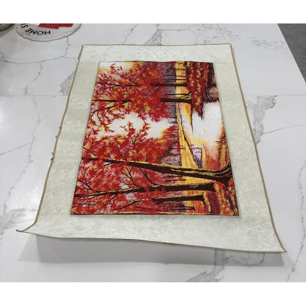 Autumn Red Trees River Landscape Embroidered Tapestry‎ Fabric Wall Art Panel